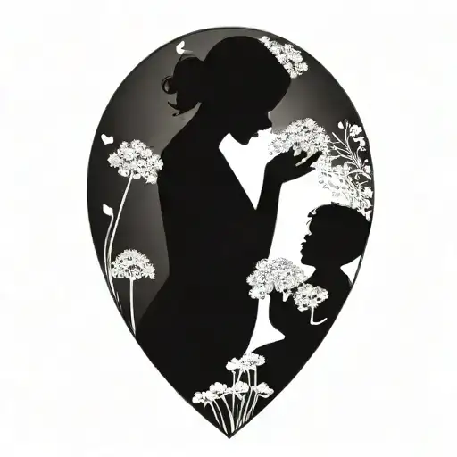 Abstract silhouette of a mother carrying two babies surrounded by dandelion flowers tattoo design idea