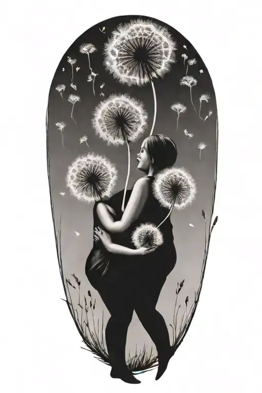 Dandelion seeds transforming into two babies being carried by a mother tattoo design idea