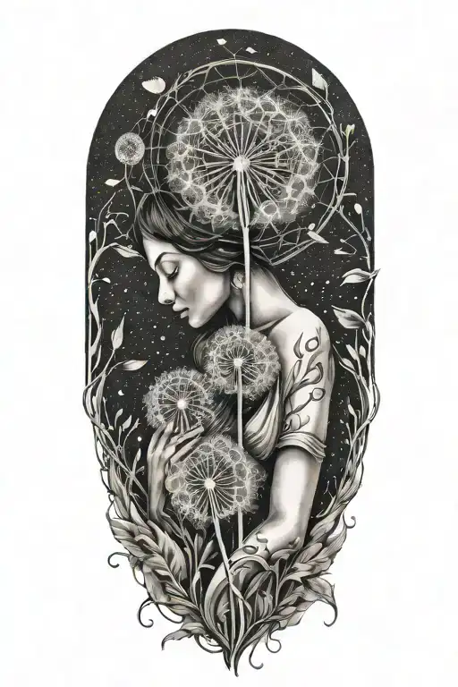 dandelion transforming into a woman holding two babies  tattoo design idea