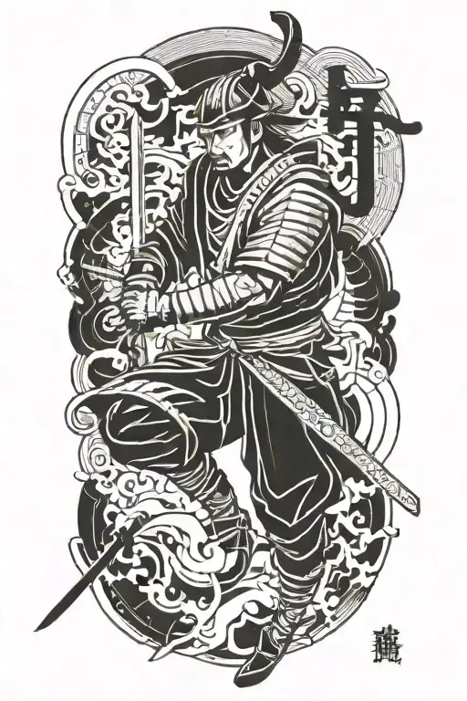 kintsugi writing in Japanese samurai warrior tattoo design idea