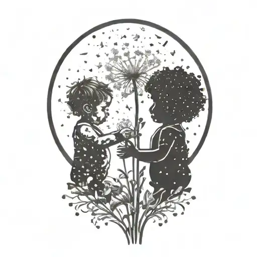 Silhouette of two babies playing with dandelion flowers tattoo design idea