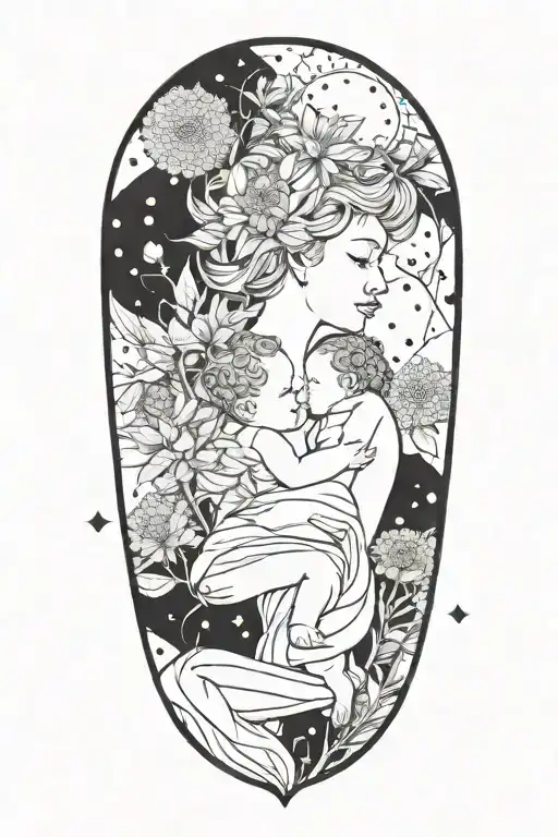 figure of a woman with two babies, incorporating elements of dandelions transforming  tattoo design idea