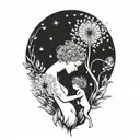 dandelion transforming into a mother with two babies in her arms tattoo design idea
