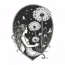 dandelion transforming into a mother with two babies in her arms tattoo design idea