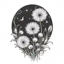 dandelion transforming into a mother with two babies in her arms tattoo design idea