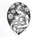 A mother cradling two babies, surrounded by dandelion flowers tattoo design idea
