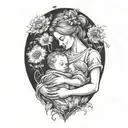 A mother cradling two babies, surrounded by dandelion flowers tattoo design idea