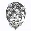 A mother cradling two babies, surrounded by dandelion flowers tattoo design idea