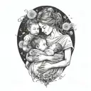 A mother cradling two babies, surrounded by dandelion flowers tattoo design idea