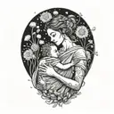 A mother cradling two babies, surrounded by dandelion flowers tattoo design idea