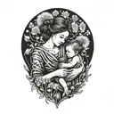 A mother cradling two babies, surrounded by dandelion flowers tattoo design idea