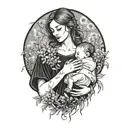 A mother cradling two babies, surrounded by dandelion flowers tattoo design idea