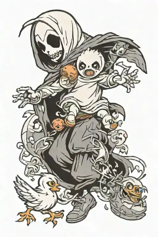 ghost chasing a baby chicken tattoo design idea