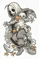 ghost chasing a baby chicken tattoo design idea