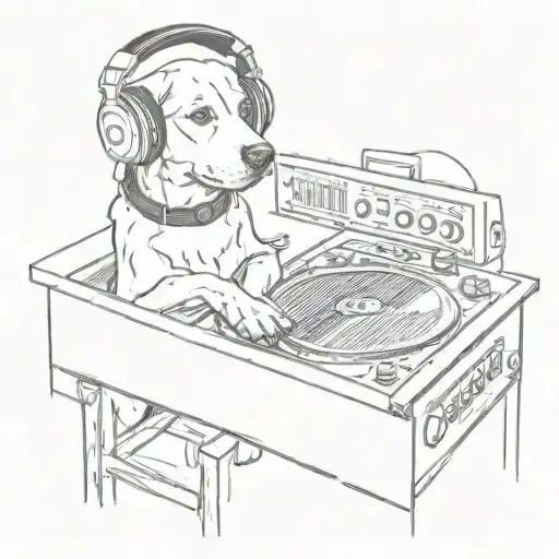 A DJ booth with a dog wearing headphones, representing your passion for music and your furry companion tattoo design idea