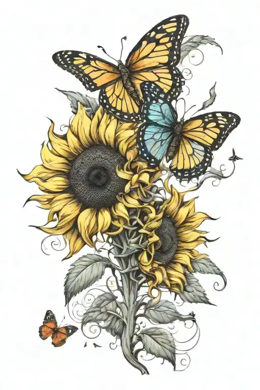 Two sunflowers, one of them turned backwards and a butterfly. tattoo design idea