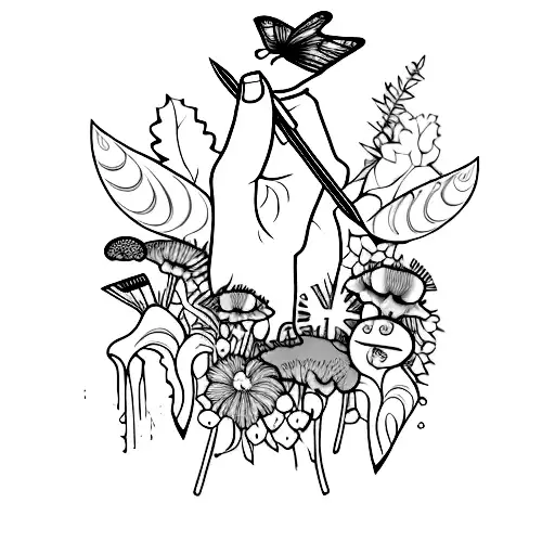 long and slimest black leaf  behind knife and a butterfly on the stiletto knife and smallest mushrooms like last of us tattoo design idea