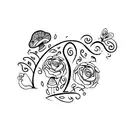 long and slimest leaf  behinde knife and a butterfly on the stiletto knife and little mushrooms tattoo design idea