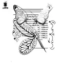 long and slimest leaf  behinde knife and a butterfly on the stiletto knife and little mushrooms tattoo design idea