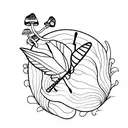 long and slimest leaf  behinde knife and a butterfly on the stiletto knife and little mushrooms tattoo design idea