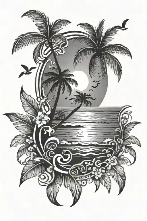 Create a tattoo of a Caribbean sunset with music notes floating in the sky tattoo design idea