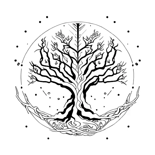 Yggdrasil, tree of life, elements of fire, mass effect, sterne, sci-fi,dragon,magic ,stardust,sailing tattoo design idea