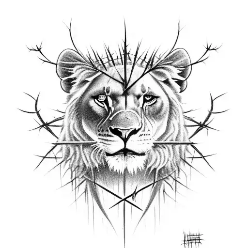 A fierce lioness wearing a crown of thorns, surrounded by battle scars tattoo design idea