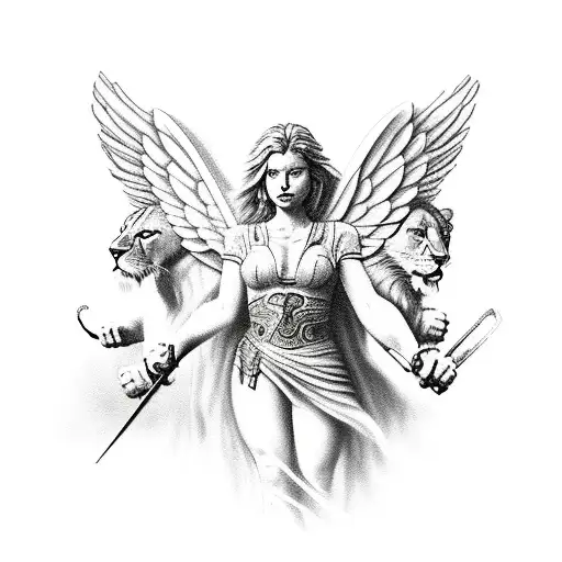 Warrior angel leading a pack of lions into battle tattoo design idea