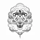 A blackwork lion emerging from a cloud of smoke, symbolizing the strength gained from war tattoo design idea