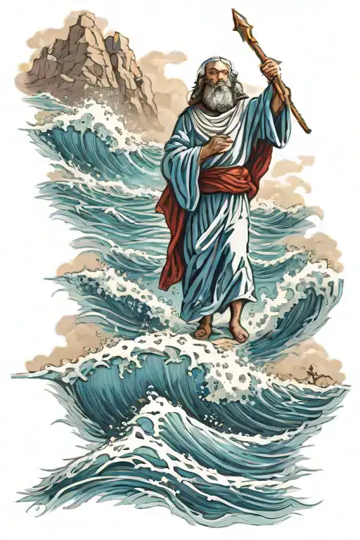 Moses parting the Red Sea with Jesus in the background tattoo design idea
