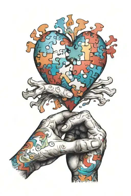 two hands holding a heart made up of autism puzzle pieces tattoo design idea
