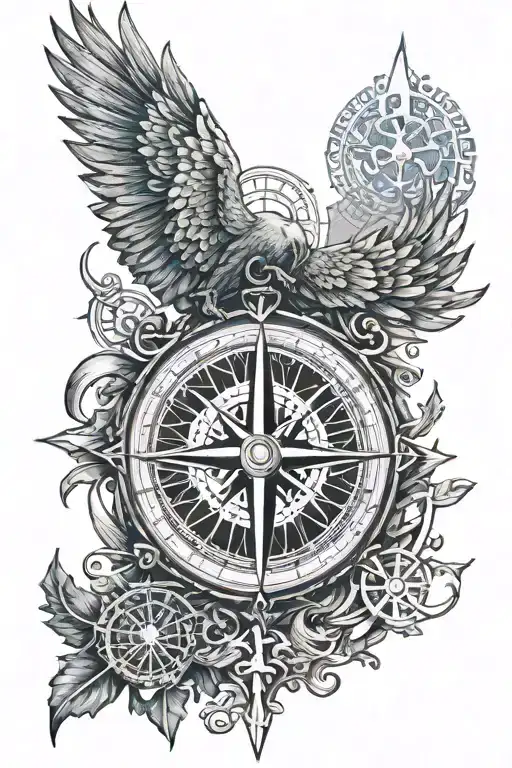 entral Element: Vegvisir Compass Surrounding Runes symmetrical elements resembling wings or stylized bird crescent moon  tattoo design idea