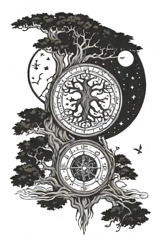 viking tree of life with a july birth moon and runes surrounding it and a nordic compass  tattoo design idea
