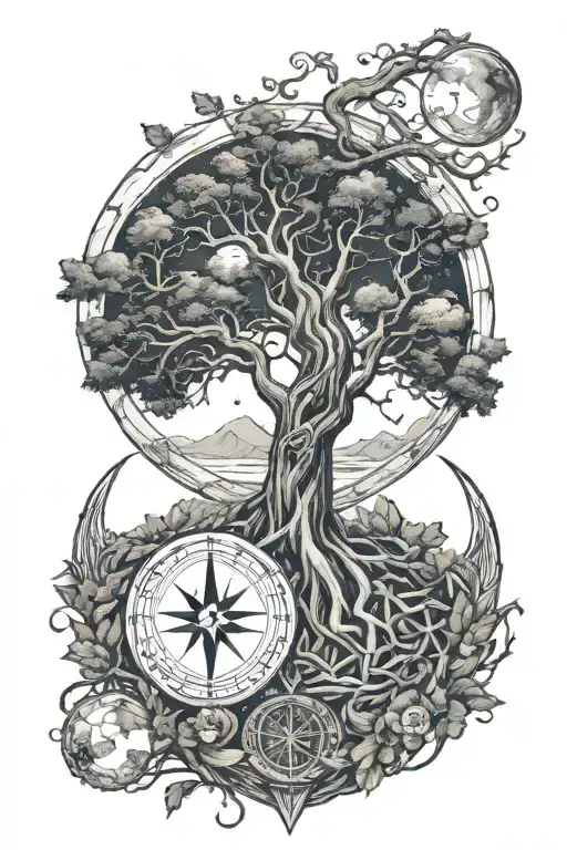 viking tree of life with a july birth moon and runes surrounding it and a nordic compass  tattoo design idea