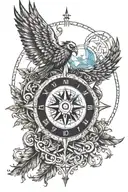 entral Element: Vegvisir Compass Surrounding Runes symmetrical elements resembling wings or stylized bird crescent moon  tattoo design idea
