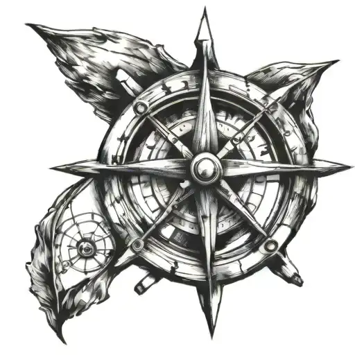 A minimalist tattoo of a steering wheel intertwined with a compass, representing the client's passion for driving and exploring new places tattoo design idea