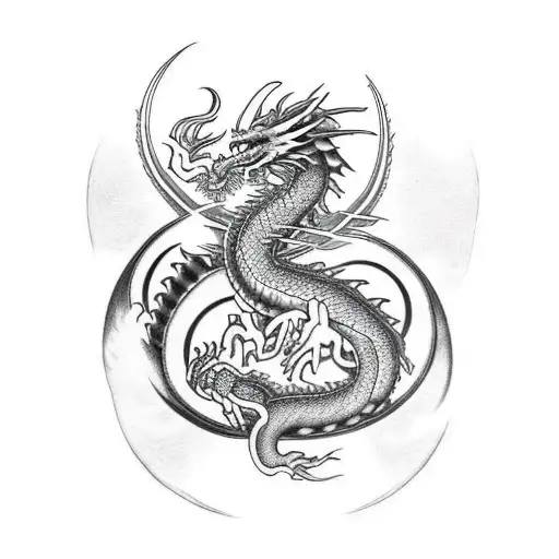 Dragon with head strating on shoulder and tail going down to elbow area surrounding half o a yin yang tattoo design idea