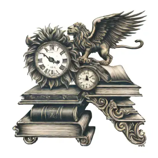 lion, capricorn, clock, live in the moment, books, stairway to heaven tattoo design idea