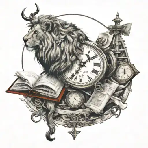 lion, Capricorn, clock, book, stairway to heaven, live in the moment, June, Nash  tattoo design idea