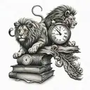 lion, capricorn, clock, live in the moment, books, stairway to heaven tattoo design idea