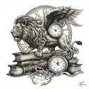 lion, capricorn, clock, live in the moment, books, stairway to heaven tattoo design idea