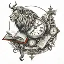 lion, Capricorn, clock, book, stairway to heaven, live in the moment, June, Nash  tattoo design idea