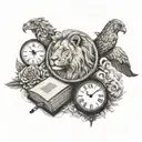 lion, Capricorn, clock, book, stairway to heaven, live in the moment, June, Nash  tattoo design idea