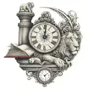 lion, Capricorn, clock, book, stairway to heaven, live in the moment, June, Nash  tattoo design idea