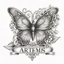 Artemis name written with some cute details like butterflies   tattoo design idea