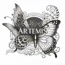 Artemis name written with some cute details like butterflies   tattoo design idea