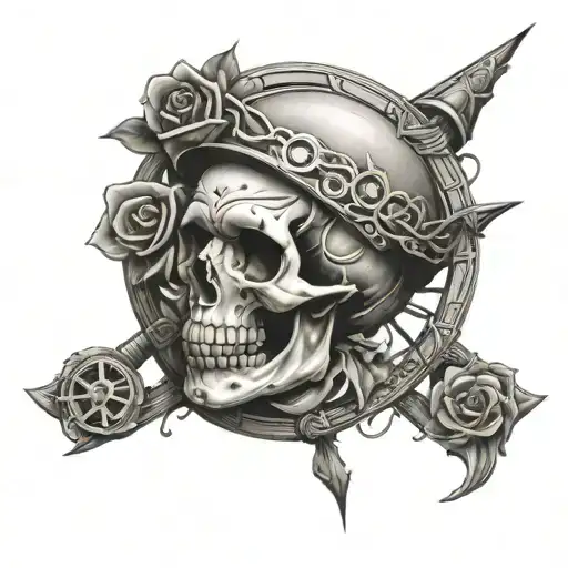 skull rose and ship wheel tattoo design idea