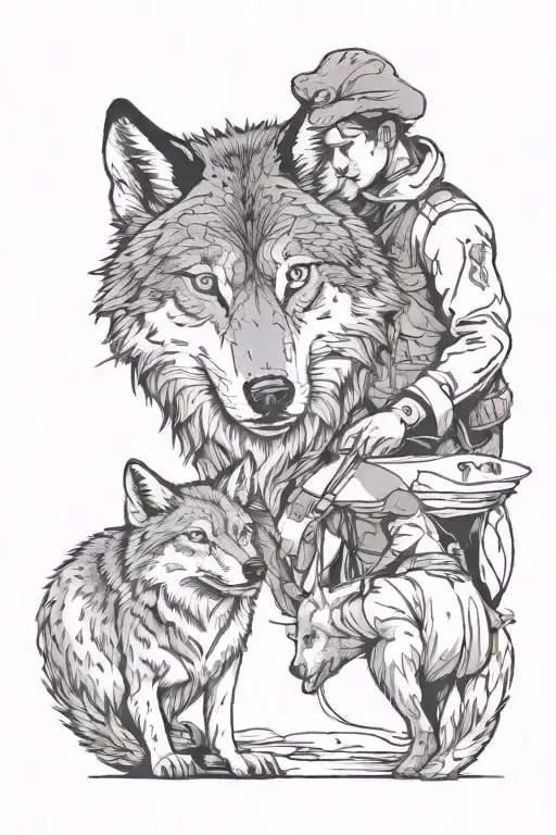 A powerful image of a therapist helping a wolf through therapy sessions in a natural setting tattoo design idea