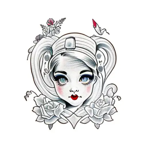 Traditional-style tattoo of Melanie Martinez surrounded by papelaria elements tattoo design idea