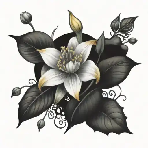 floral design with daffodils, lily of the valley, holly, and water lily tattoo design idea